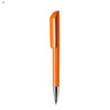 An orange plastic pen with a sleek design and a silver clip. The pen features a logo on its side.