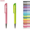 Two plastic pens in pink and green, featuring a transparent design, alongside a variety of pens in multiple colours.