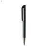 A black plastic pen with a glossy finish and a silver tip. It features a sleek, modern design and a clip on top.