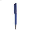 A blue plastic pen with a rounded cap and a silver tip, featuring a logo on the body.