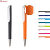 Two plastic pens in black and orange, featuring a textured grip and a selection of other vibrant colours. One pen has a logo.