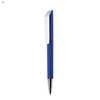 A blue plastic pen with a white cap and a silver nib. It features a logo on the body.