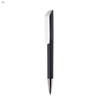 A black plastic pen with a silver tip and a contrasting white clip, featuring a logo on its surface.