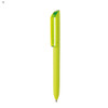 A plastic pen in vibrant yellow with a green cap and a branding logo.