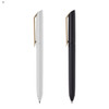 A set of two plastic pens, one white and one black, featuring a clip design and a branding logo.