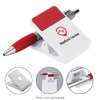 A white fridge magnet clip with a red textured surface and a logo, holding a silver and red pen.