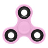A pink fidget spinner featuring black accents and three arms with circular cutouts, designed as a novelty item.