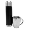 A drink bottle in black with a stainless steel cap, accompanied by a silver stainless steel mug. Both have a logo.