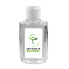 A clear 60ml hand sanitiser gel in a transparent plastic bottle with a flip cap and a logo.