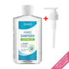 A clear bottle of hand sanitiser gel with a pump lid, containing 300ml and 75% alcohol. Features a logo.