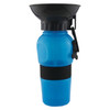 A drink bottle in blue with a black silicone band and a detachable funnel on top. Features a carabiner clip.