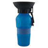 A drink bottle featuring a blue body and a black funnel top, with a silicone band and a clip for attachment.