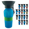 A drink bottle in blue with a black top and green silicone band, featuring various other colours nearby.