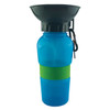 A drink bottle featuring a blue body with a green silicone band and a black cap that doubles as a bowl.