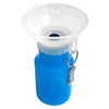 A drink bottle in bright blue with a transparent funnel top and a metal keyring attached.