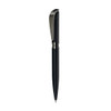 A black pencil with a sleek design and a metallic clip, featuring a branding logo on its surface.