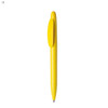 A yellow plastic pen with a clip, featuring a simple, streamlined design and branding.