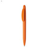 An orange plastic pen with a streamlined design and a clip on the side, featuring a logo.