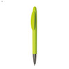 A bright green plastic pen with a click mechanism and a silver tip, featuring a branding logo.