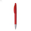 A red plastic pen with a transparent grip and a silver tip, featuring a logo on the side.