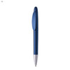 A blue plastic pen with a silver tip and clip, featuring a simple design and a branding logo.