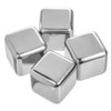 A set of four shiny silver metal ice cubes with a sleek, squared design, suitable for chilling drinks.