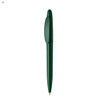 A green plastic pen with a clip and a smooth design, featuring a branding logo.