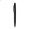 A black plastic pen featuring a smooth design and a branding logo.