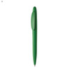A green plastic pen with a streamlined design and a clip on the side, featuring a branding logo.