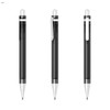 A set of three sleek black plastic pens with silver accents and a clip, featuring a transparent section.