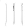 A white plastic pen with a glossy finish, featuring a clip and a pointed tip. The pen is displayed from three angles.
