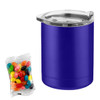 A purple coffee mug with a transparent lid accompanied by a packet of colourful jelly beans.
