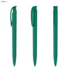A green plastic pen with a sleek design, featuring a clip and smooth lines, shown from different angles.