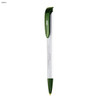 A green plastic pen with a white barrel and a green clip, featuring a logo on the side.