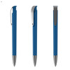 A blue plastic pen with a silver clip, featuring a sleek design and a shiny tip. It includes a logo on the barrel.