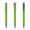 A green plastic pen with a silver clip, displayed from three different angles.