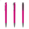 A pink plastic pen with a silver clip and a sleek design, displayed from multiple angles.