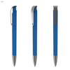 A blue plastic pen with a silver clip, displayed from three different angles. It features a transparent barrel.