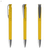 A plastic pen in bright yellow with a silver clip and a smooth finish, featuring a logo.
