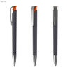 A sleek black plastic pen with an orange grip and a shiny silver clip, featuring a logo on the side.