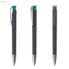A collection of three plastic pens, featuring a soft grip in grey and turquoise, with a silver clip and accents.