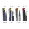 A collection of plastic pens in various colours, featuring soft grips and metallic tips, with branding on each pen.