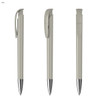 A metallic pen in light grey with a silver tip and a clip, featuring a sleek design and a branding logo.