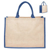 A jute bag featuring a natural beige colour with navy blue handles, and a logo positioned on one side.