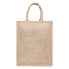 A jute bag in a natural beige colour with two sturdy handles and a blank surface. It features a logo.