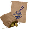 A jute bag in a natural colour, filled with potatoes and featuring a graphic of a bowl with chopsticks.