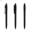 A set of three black plastic pens with a clip and smooth barrel design, featuring a logo on one side.