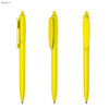 A set of three yellow plastic pens displayed from different angles. Each pen features a clip and smooth design.