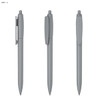 A grey plastic pen featuring a clip and smooth design, displayed from three angles. The pen has a branding logo.