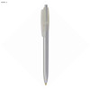 A plastic pen in clear and silver, featuring a simple design and a logo on the barrel.